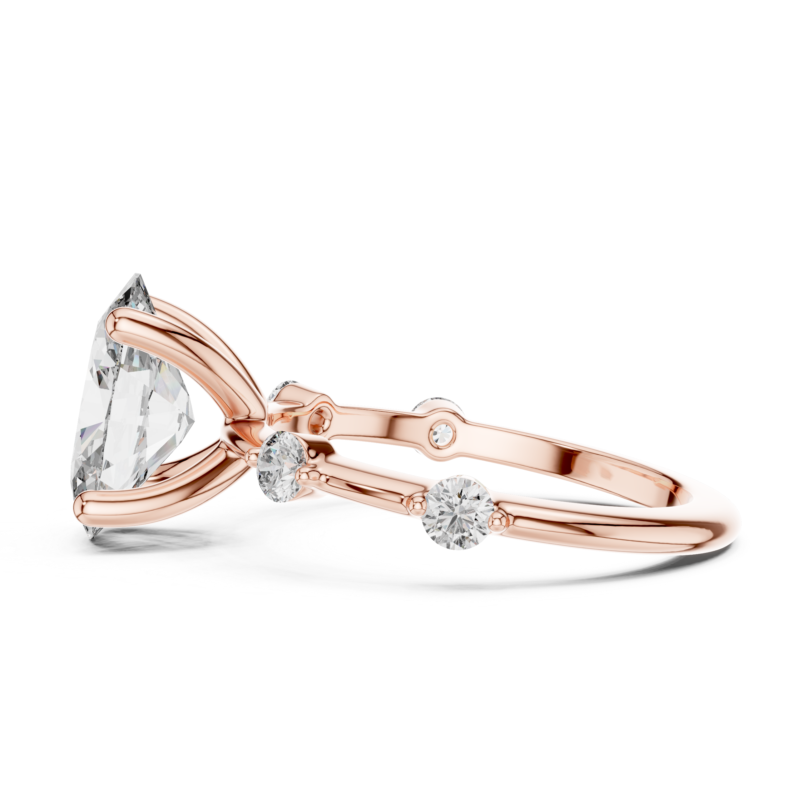 Rose gold ring with a large diamond and smaller diamonds on a white background